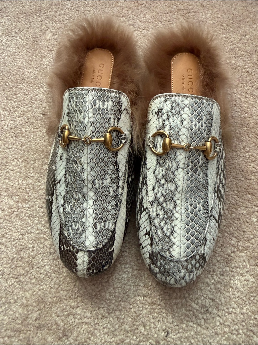Gucci Snake-Print Fur-Trim Horsebit Mules in Gray and Brown